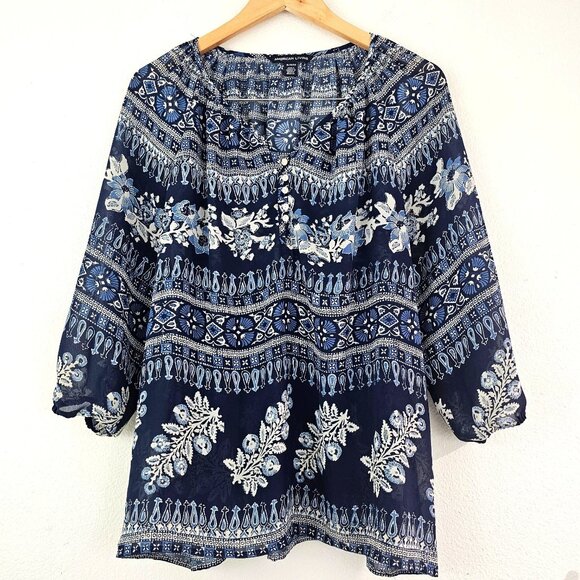 American Li  Women XL Navy Blue Floral Mosaic Semi Sheer Peasant Top Boho Blouse - Picture 9 of 9